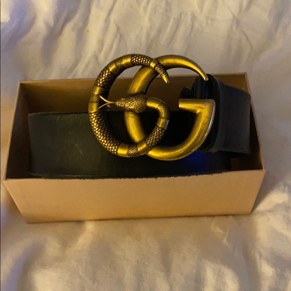 Double G Snake Gold buckle black leather belt